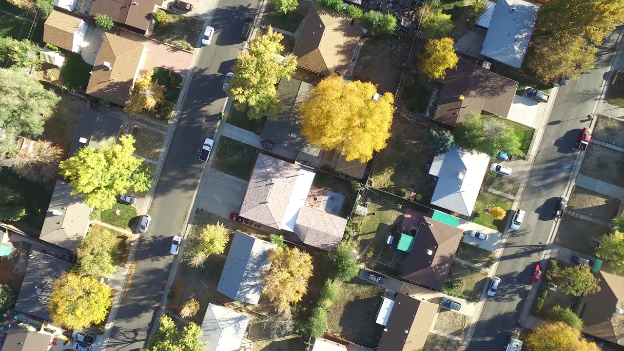Aerial view of houses, parked cars, and yellow trees