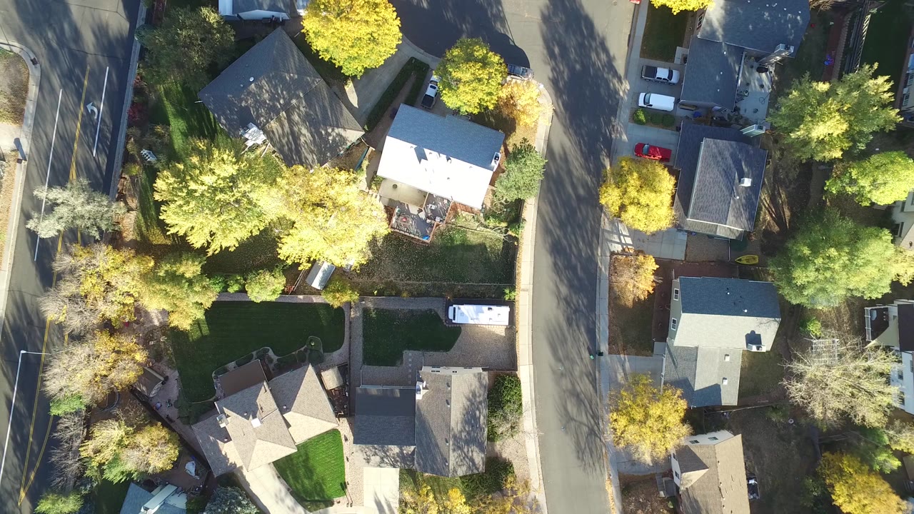Overhead view of houses, trees, lawns, and a residential road.