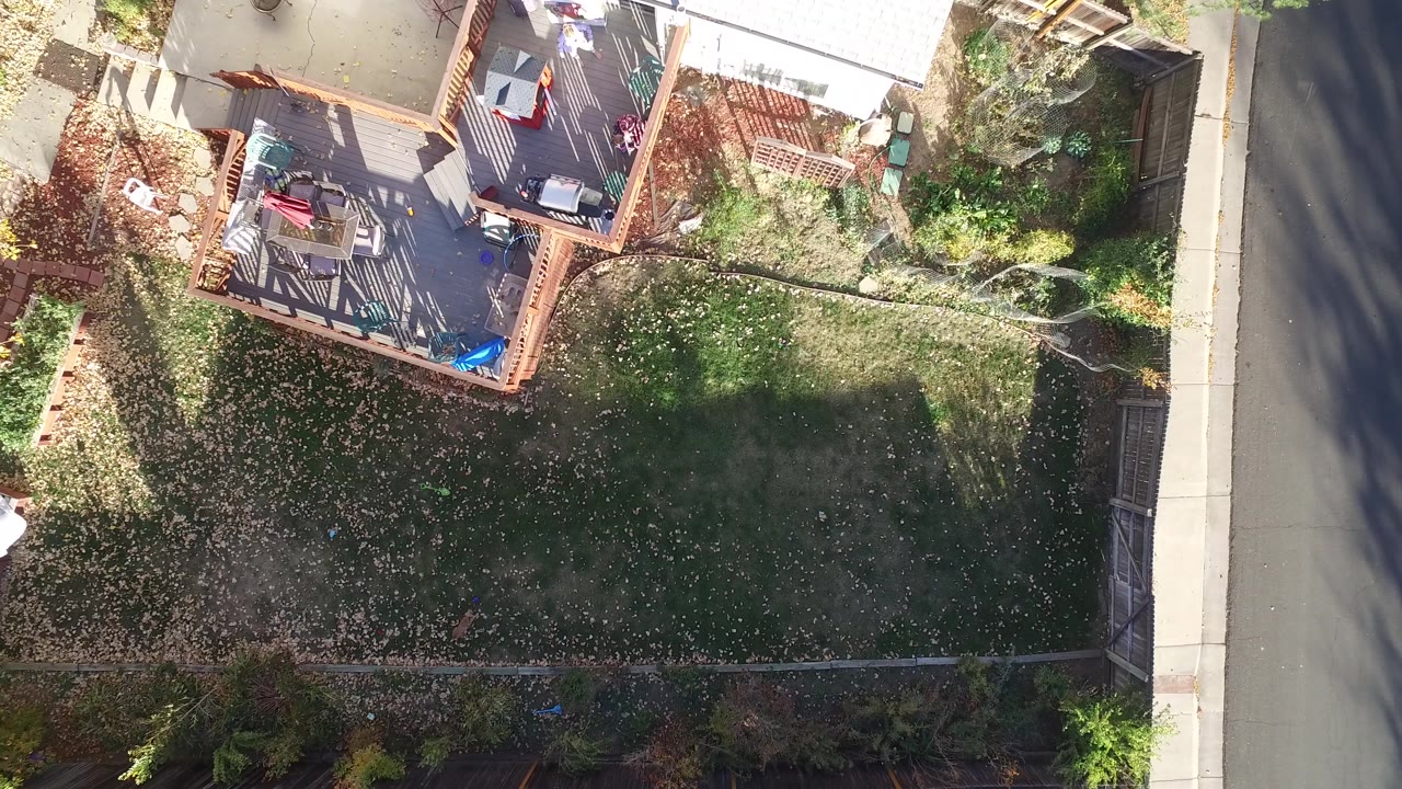 Aerial frame over Hidden Lake, Colorado with the backyard deck near the top, scattered leaves across the grass, fencing along the lower edge, and the street border at right.