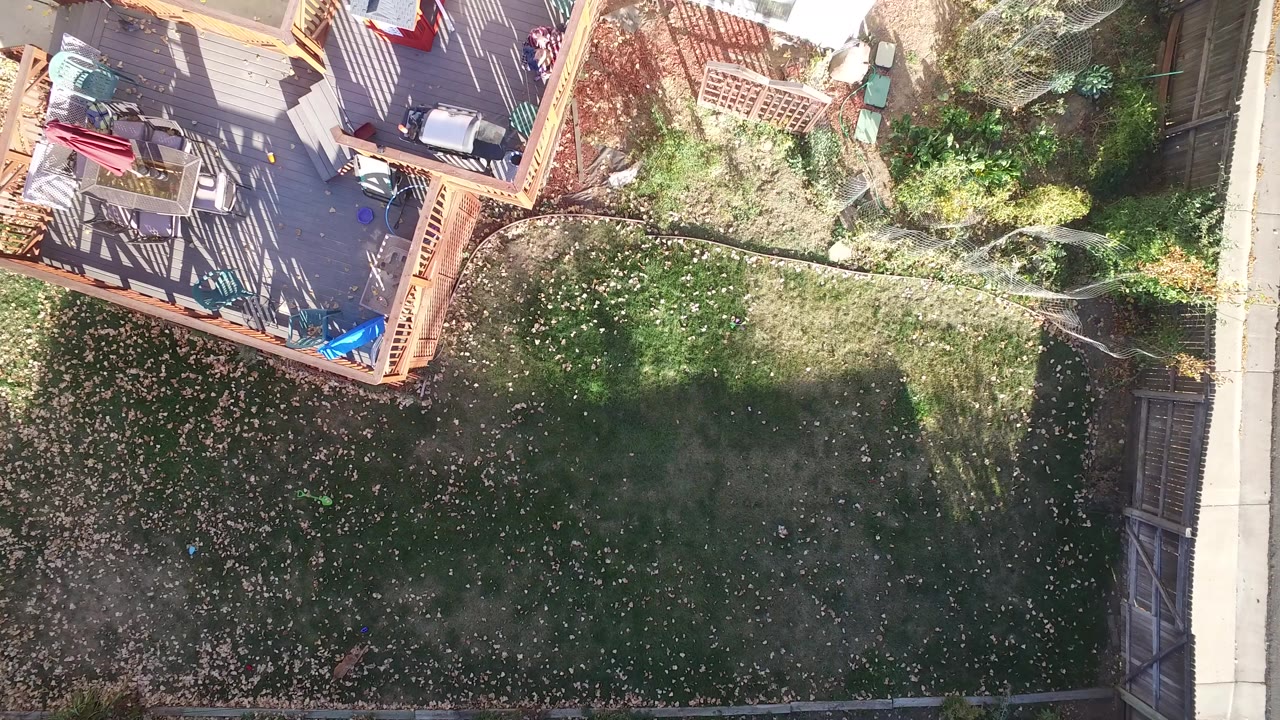 Top-down view of a backyard lawn beside a wooden deck.