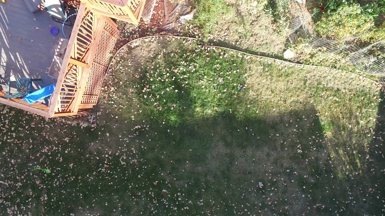 Overhead frame in Hidden Lake, Colorado showing a wooden deck edge, curved garden border, patchy grass, scattered leaves, and no visible people.