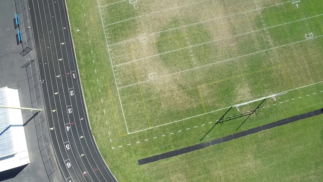 Top-down view of a lined football field.