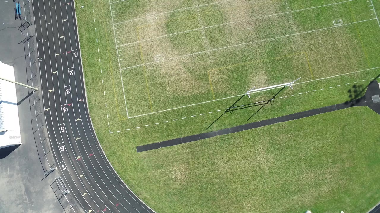 Overhead view of a marked grass field beside a black running track.