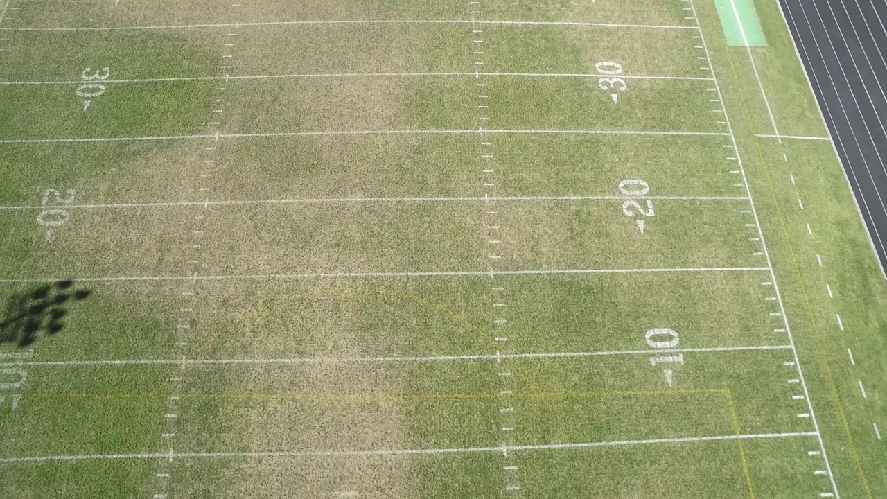 Football field from above with light pole shadow crossing the turf.
