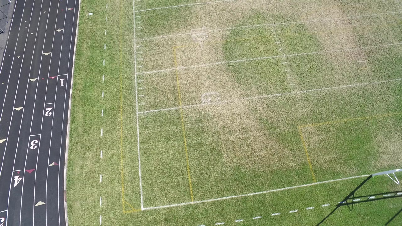 Aerial view of field markings and patched grass