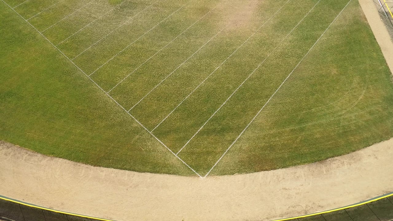 Overhead grass field with diagonal painted lines and tan ground edge.