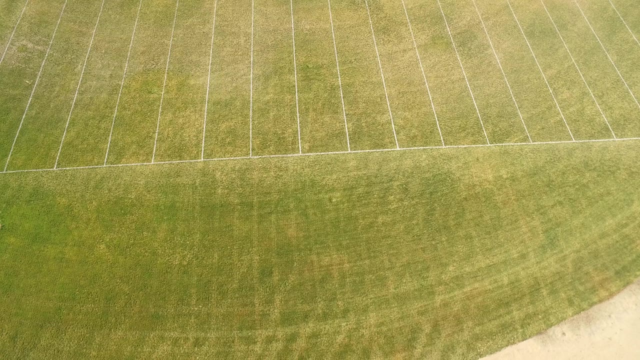 Marked grass field with pale path corner at lower right