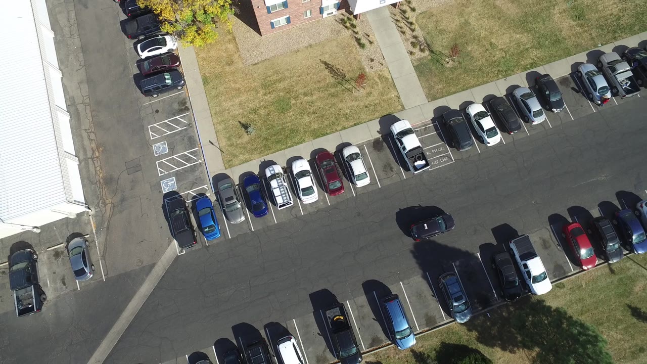 Top-down parking lot view with a black car moving past rows of parked cars.