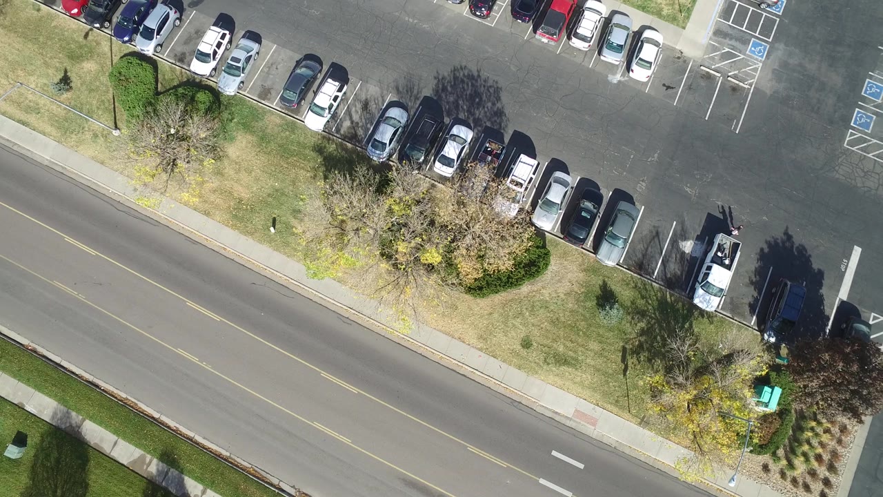 Parking lot from above with accessible spaces, parked cars, road, and trees.