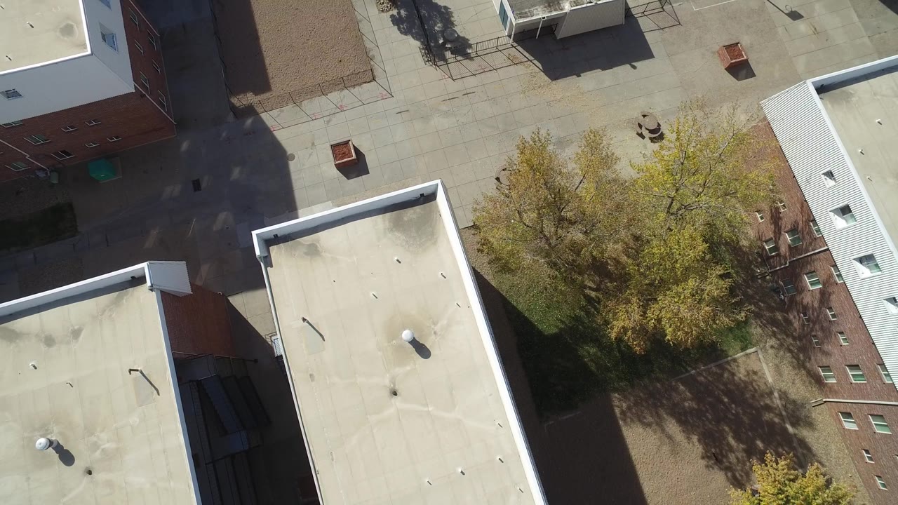 Overhead Hidden Lake, Colorado view with a large pale rooftop in the lower frame, a tree canopy near center, paved walkways, building shadows, and no visible people.