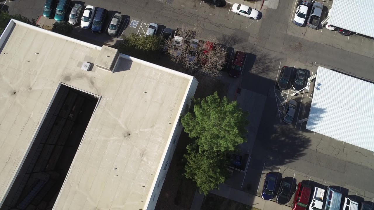 Long flat roof, parking spaces, trees, and neighboring light roof.