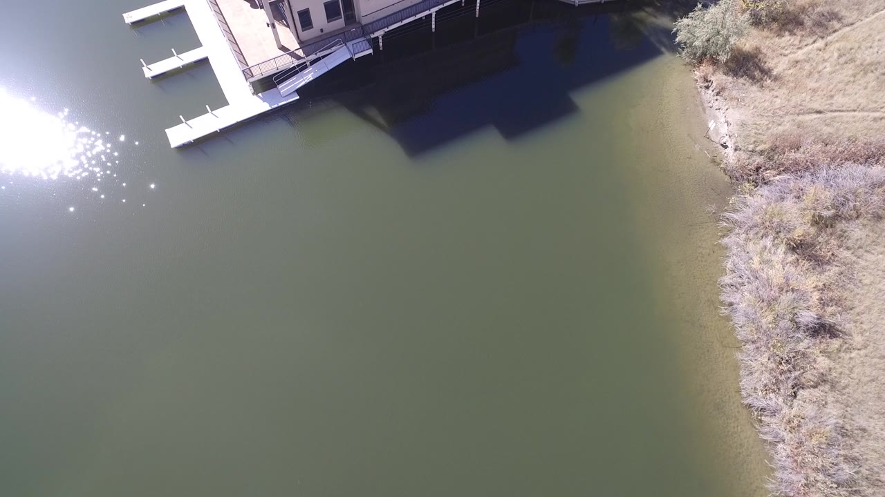 Overhead view of green lake water beside docks and part of a house.