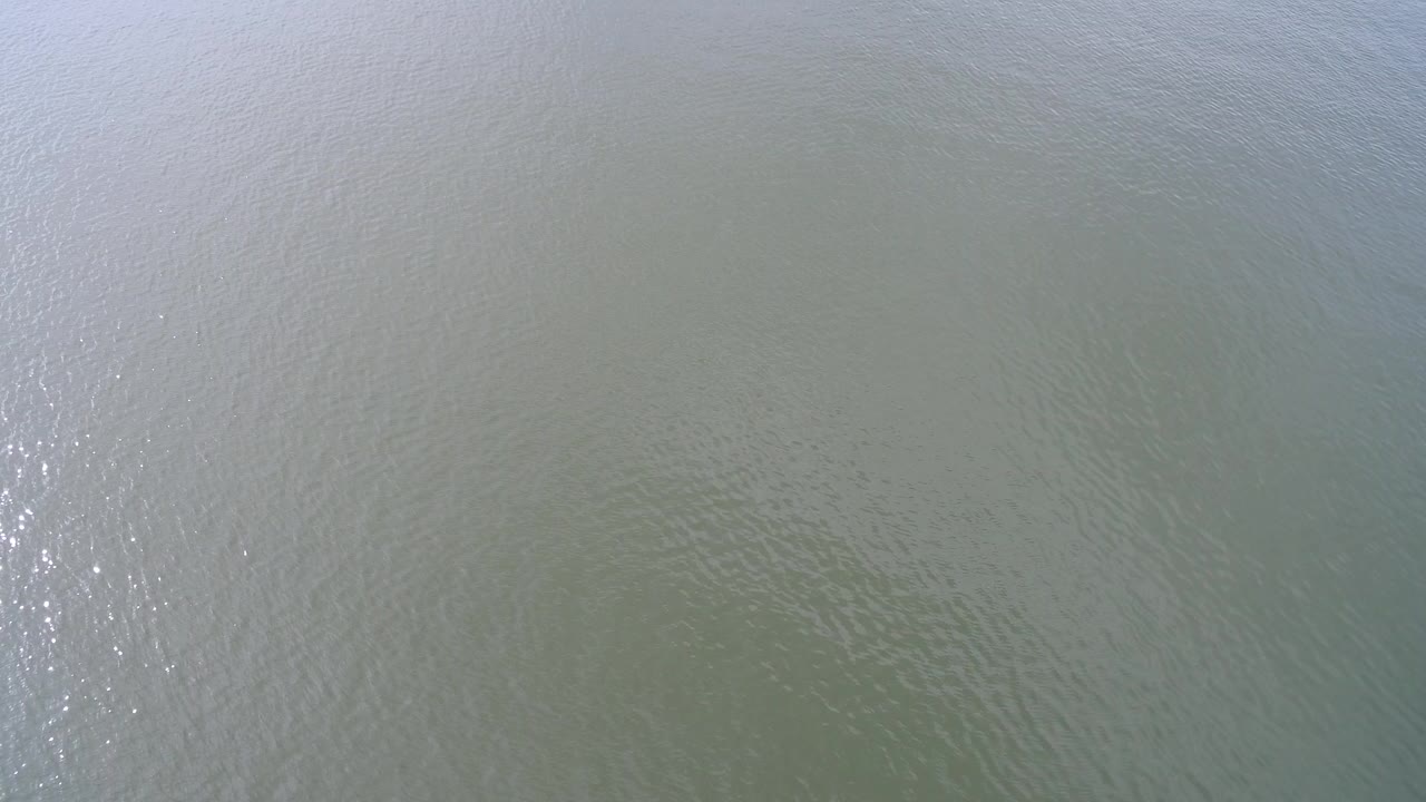 Top-down green lake water with fine ripples and sun glints