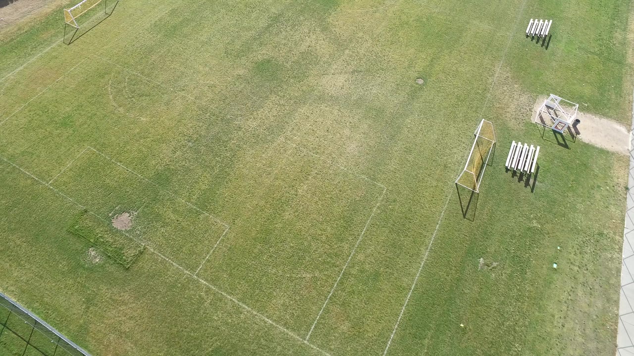 Top-down view of a grass sports field with goals and a fence edge.