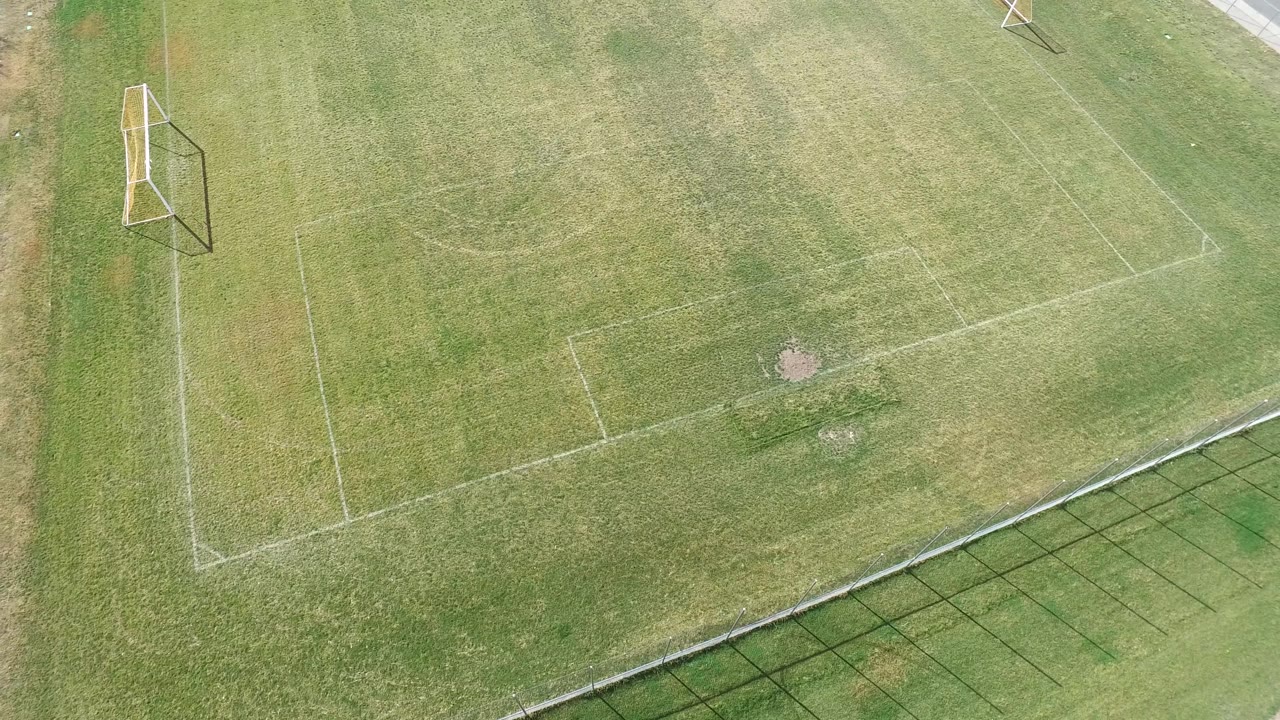 Top-down soccer field corner with goal and faded white markings.