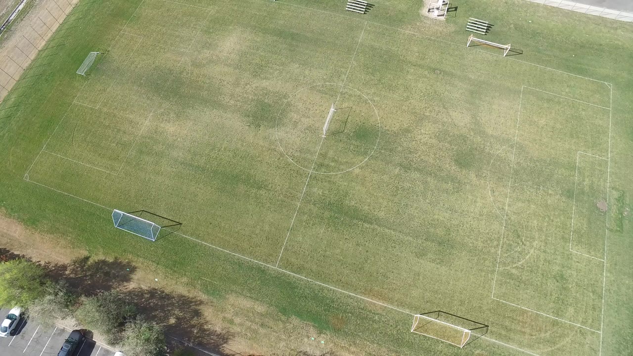 Overhead view of a marked field with trees and cars at the edge.