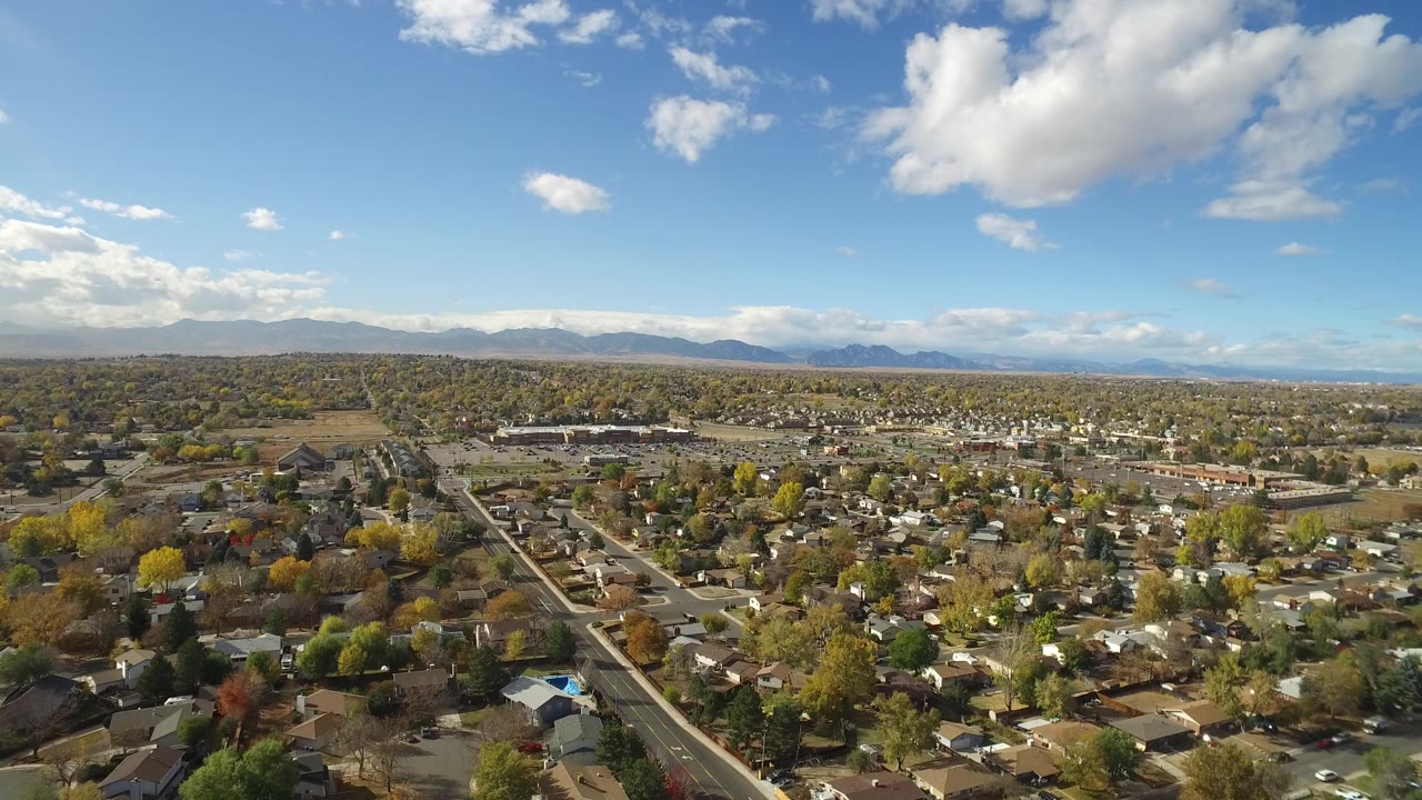 Aerial view over suburban homes, roads, trees, and distant mountains