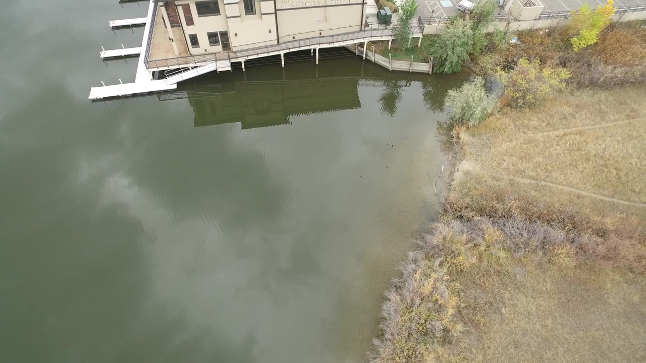Overhead view of green lake water, shoreline grass, dock, and part of a stilt house.