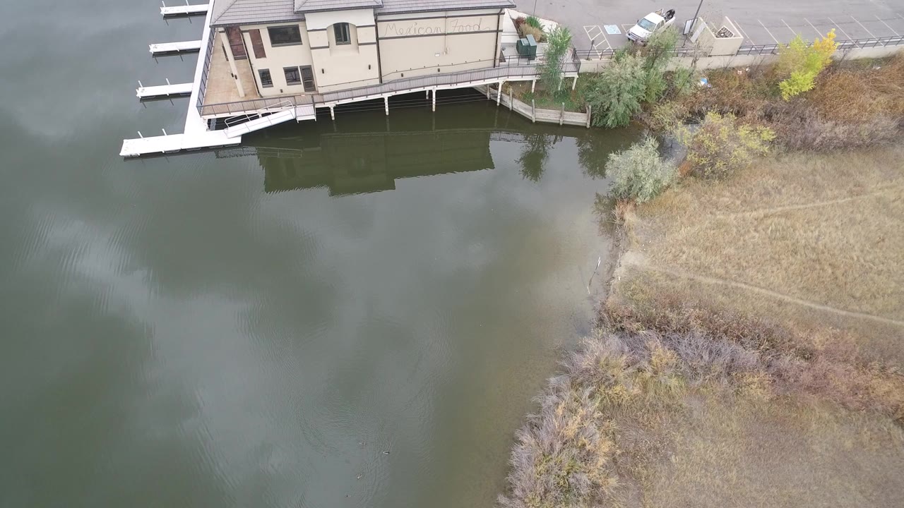 Overhead view of lake water, docks, a building, shoreline brush, and a parking lot.