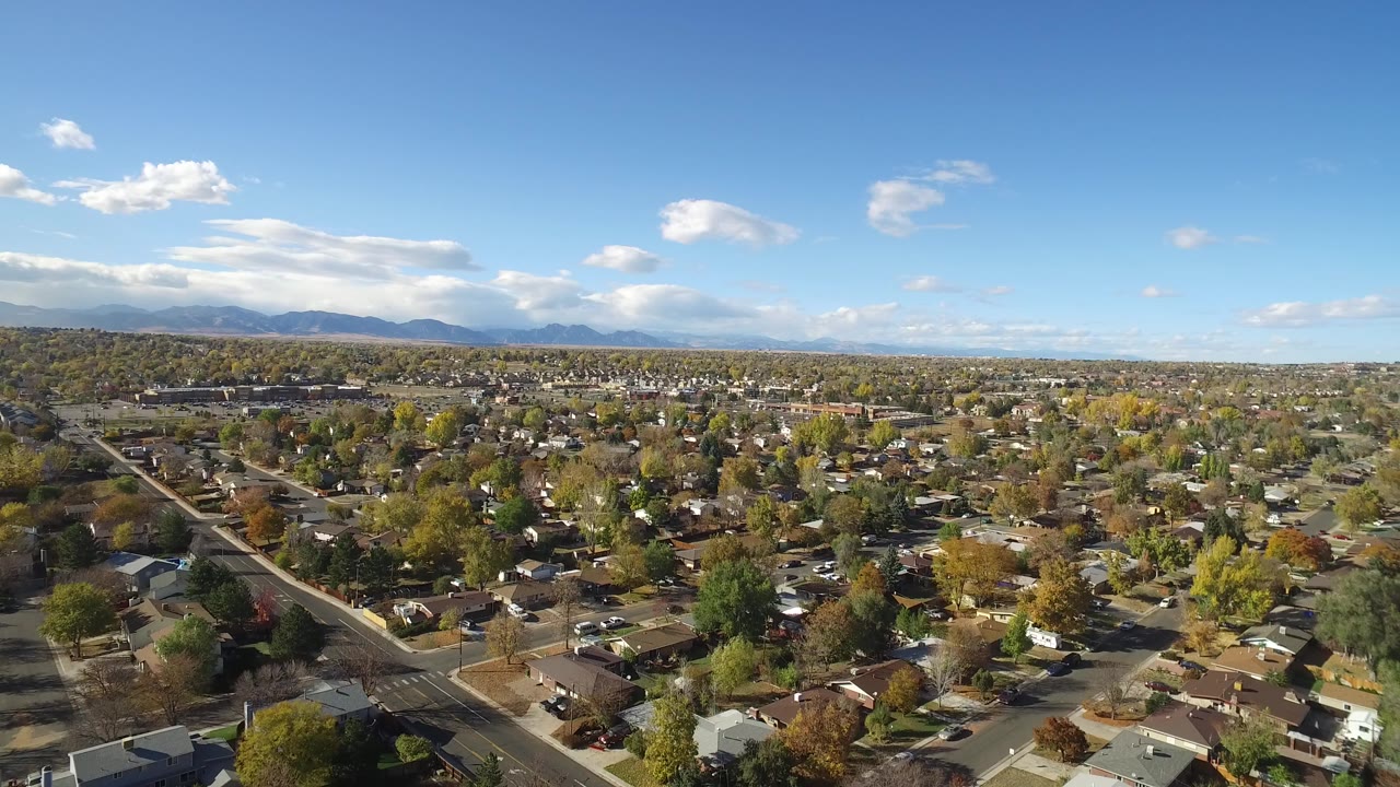 Aerial view over suburban houses, streets, trees, and distant mountains.