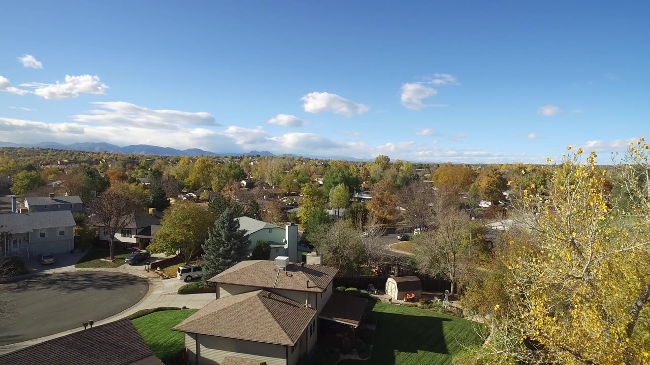 Aerial view over suburban homes, lawns, trees, and distant mountains.