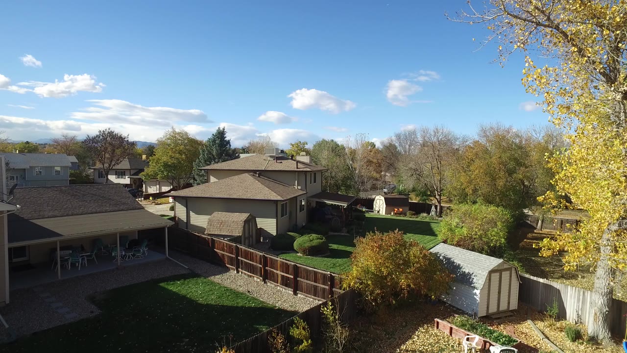 Elevated backyard view with fences, sheds, homes, trees, and blue sky.