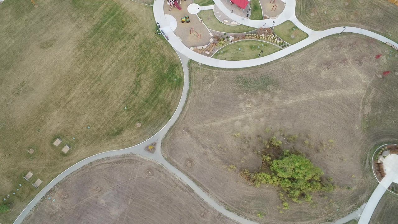 Overhead view of curving park paths, dry grass, bare soil, and a tree cluster.