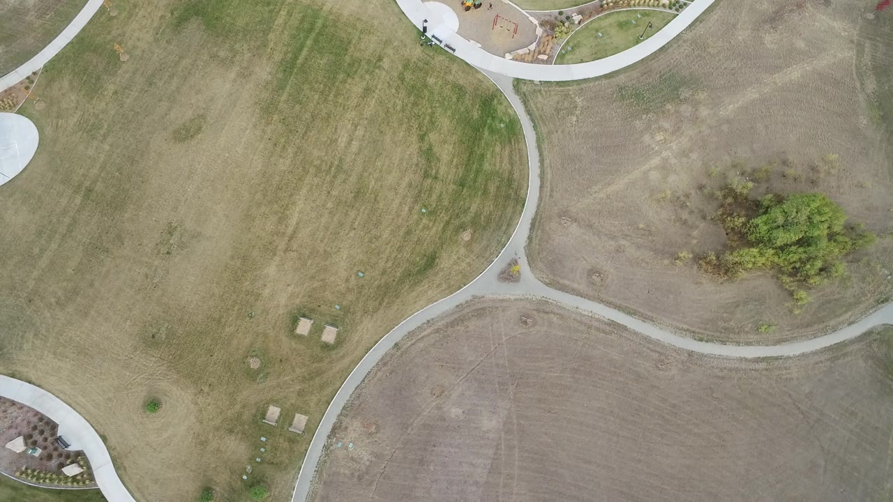 Aerial view of dry grass, path curves, and trees near the edge.