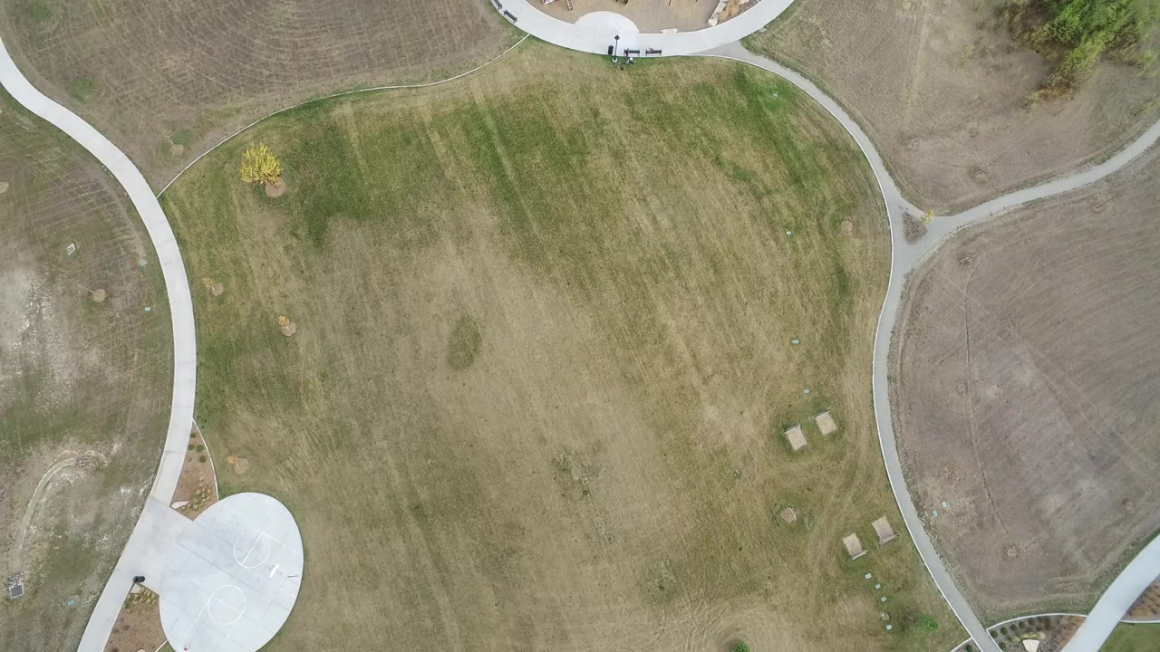Top-down park view with curving paths and mowed grass.
