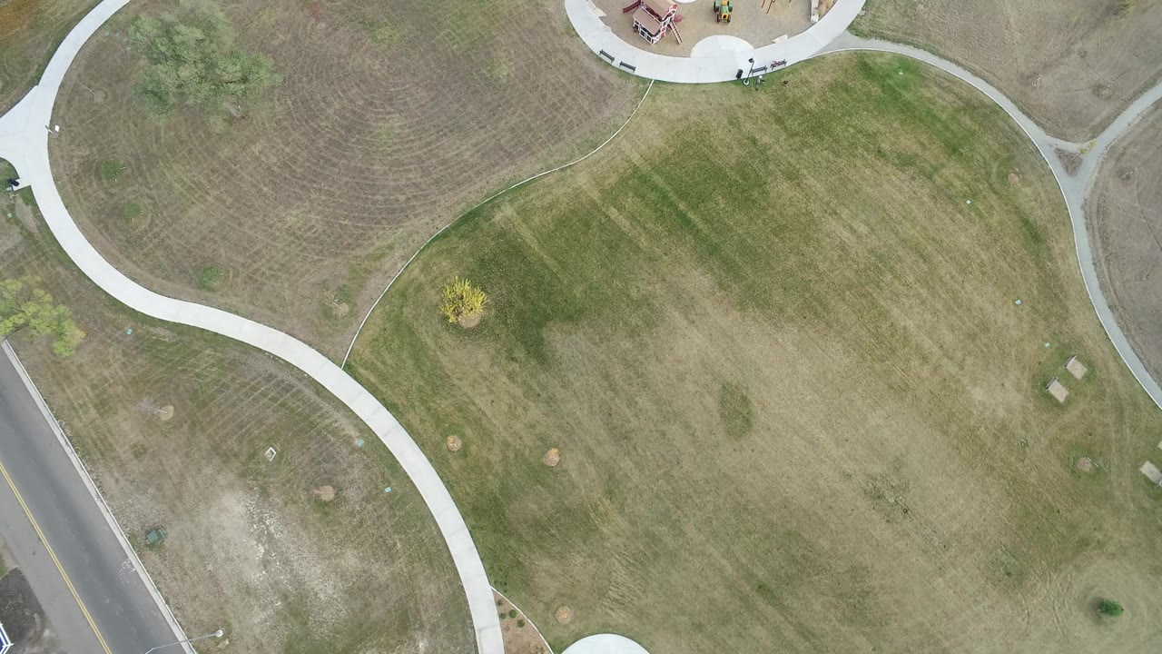 Aerial park view with path loop and small playground edge