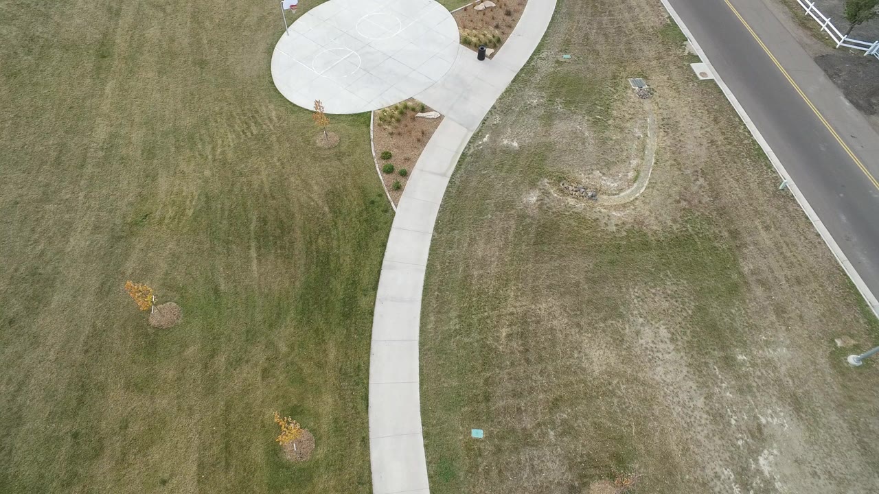 Overhead view of grass, a curving sidewalk, circular concrete pad, and road edge.