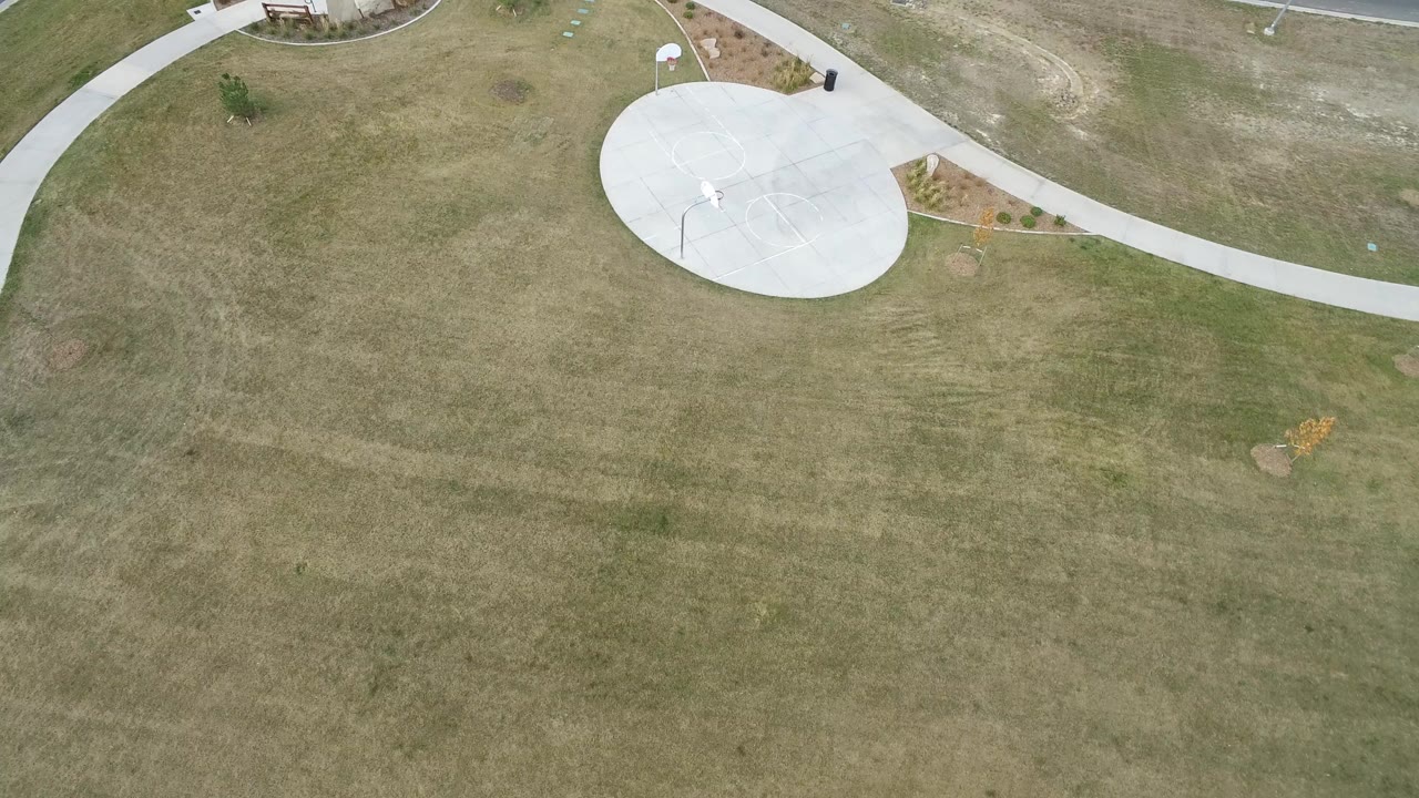 Aerial view of lawn, curved sidewalk, and circular concrete court