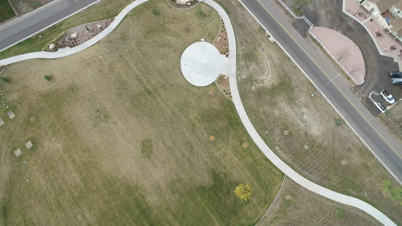 Overhead field with curving white path, circular white pad, and road edge.