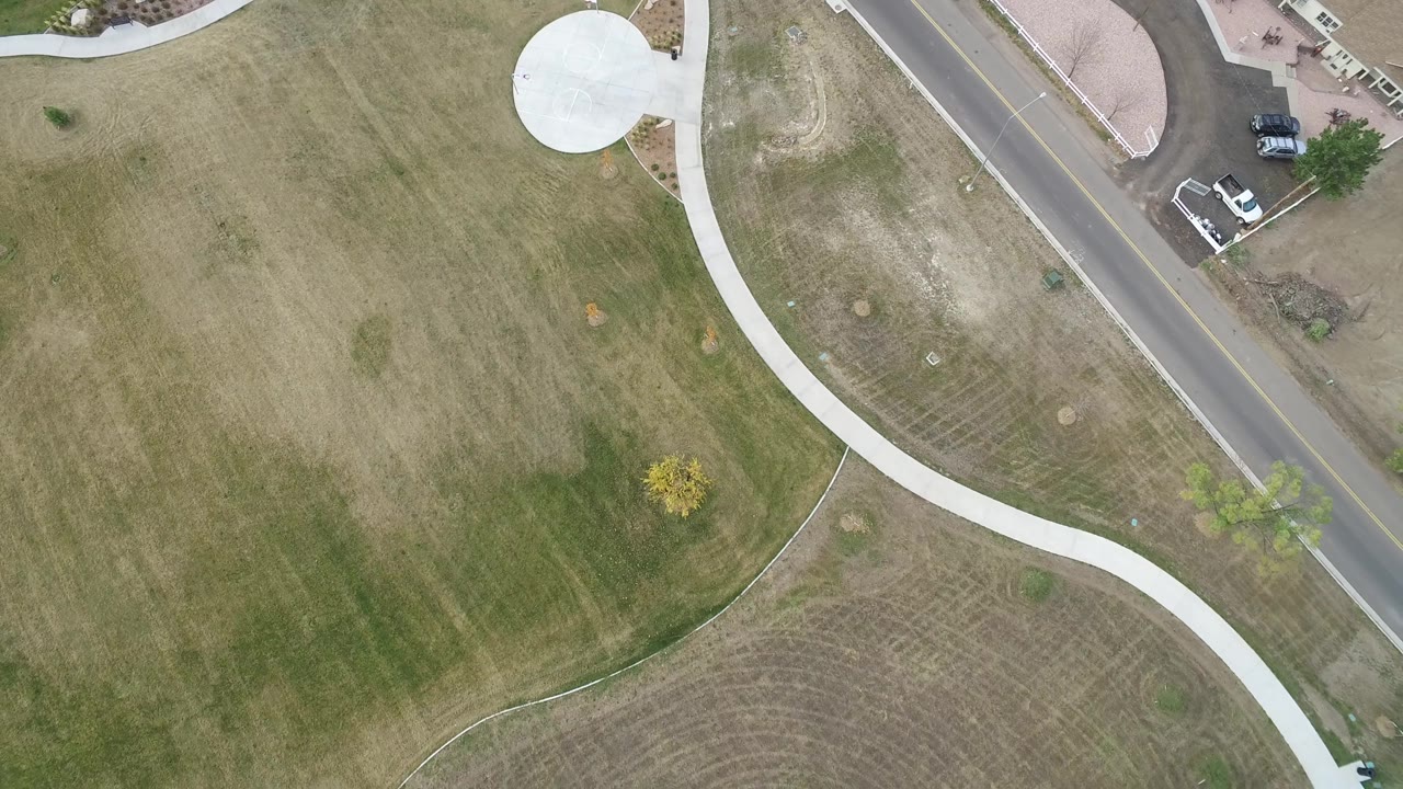Top-down view of grass, sidewalks, roadside parking area, and trees.