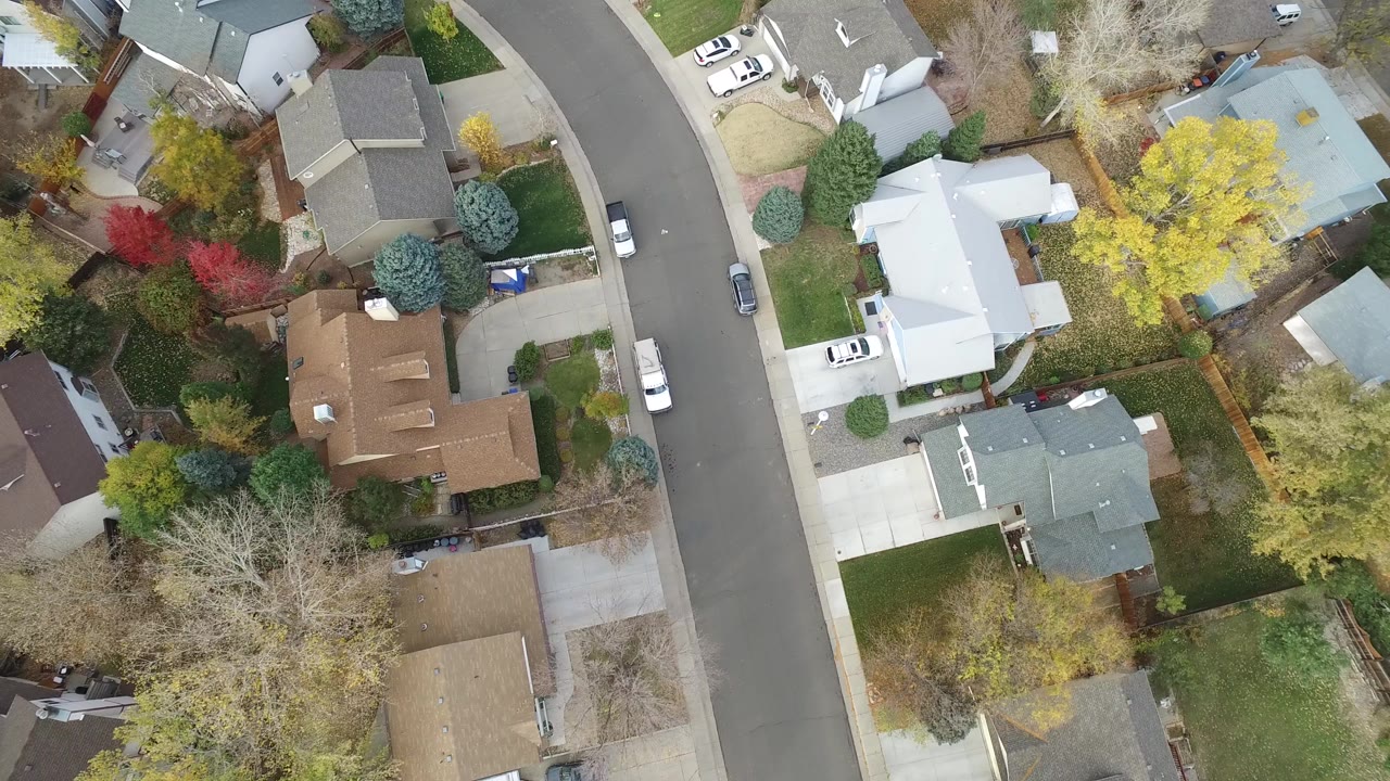 Overhead view of houses, trees, and a curved residential street.
