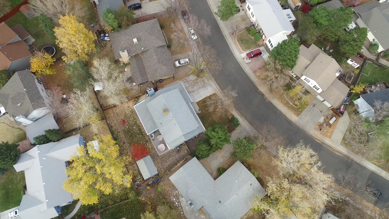 Overhead view of houses, curved road, trees, and driveways.