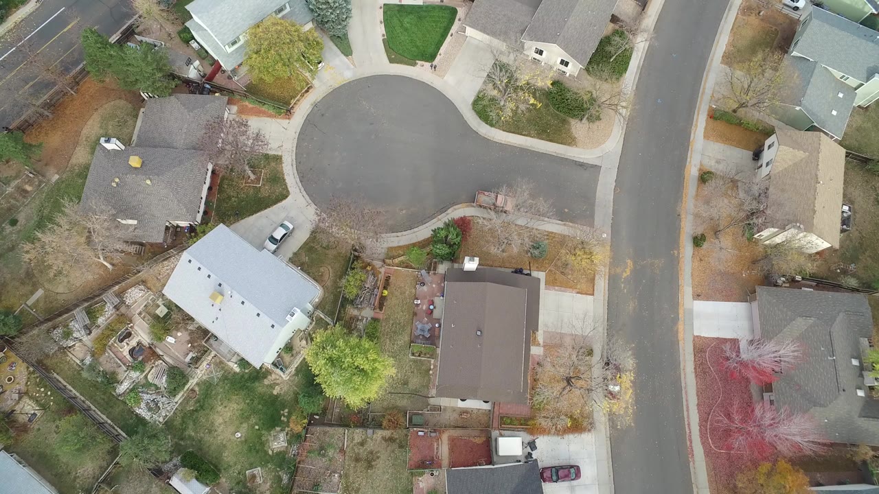 Overhead view of houses, lawns, trees, and a residential road.