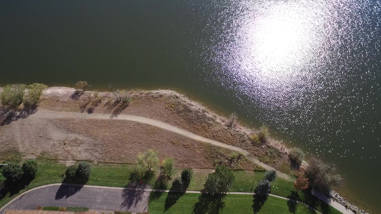 Aerial lake edge with bright water reflection, dirt path, dry bank, grass, and trees.