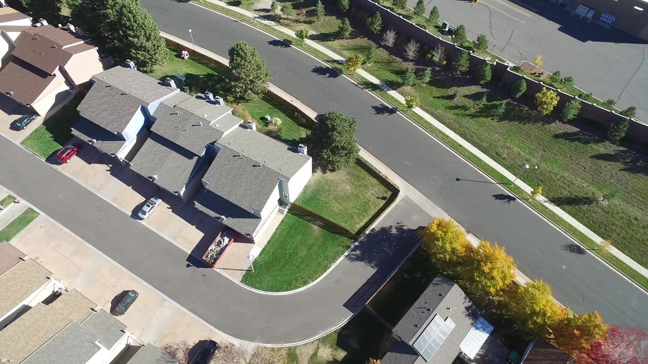 Aerial view of houses, lawns, sidewalks, trees, and a curved residential street.
