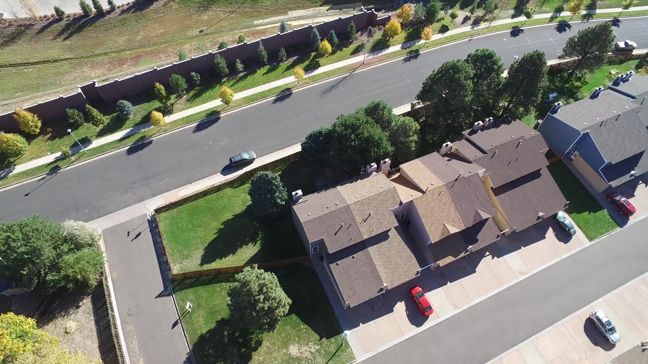 Aerial view of houses, lawns, trees, and a residential street.