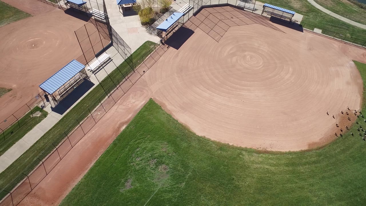 High aerial angle on a baseball field with infield sand and surrounding park paths.