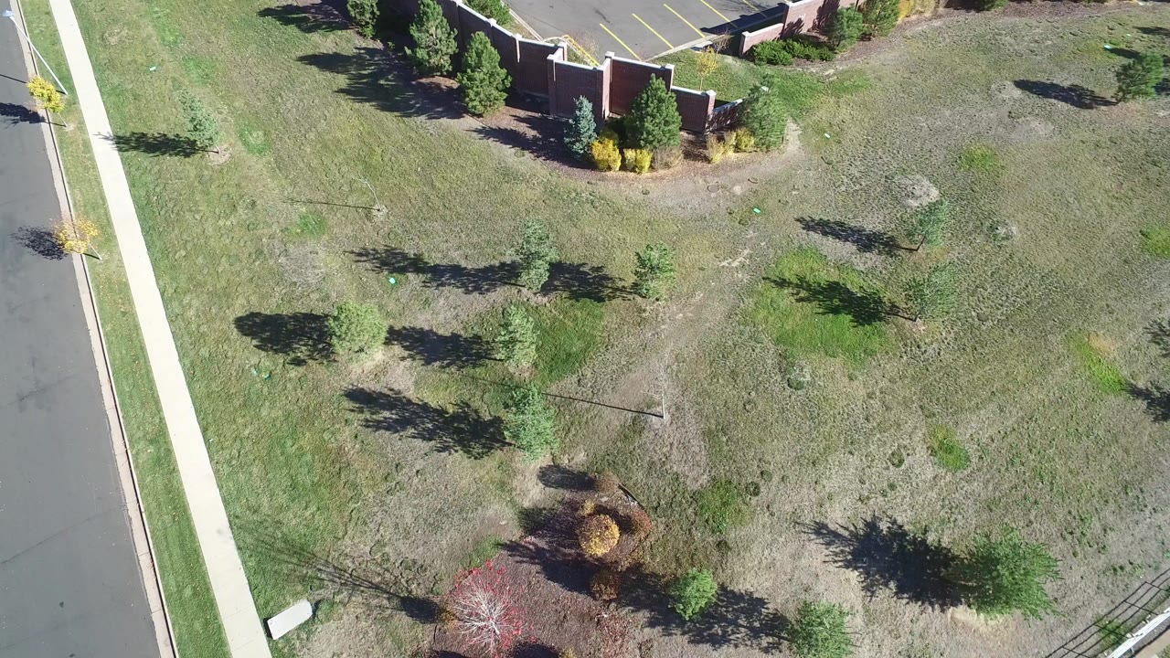 Overhead view of grass, trees, sidewalk, road edge, and parking lot corner.