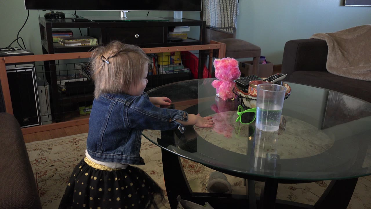 The child faces the glass table in the Westminster, Colorado home interior, with hands near the tabletop and a pink plush toy and clear cup in front of her.