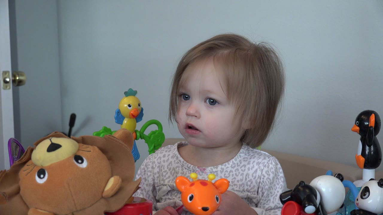 Toddler seated among colorful toys indoors.