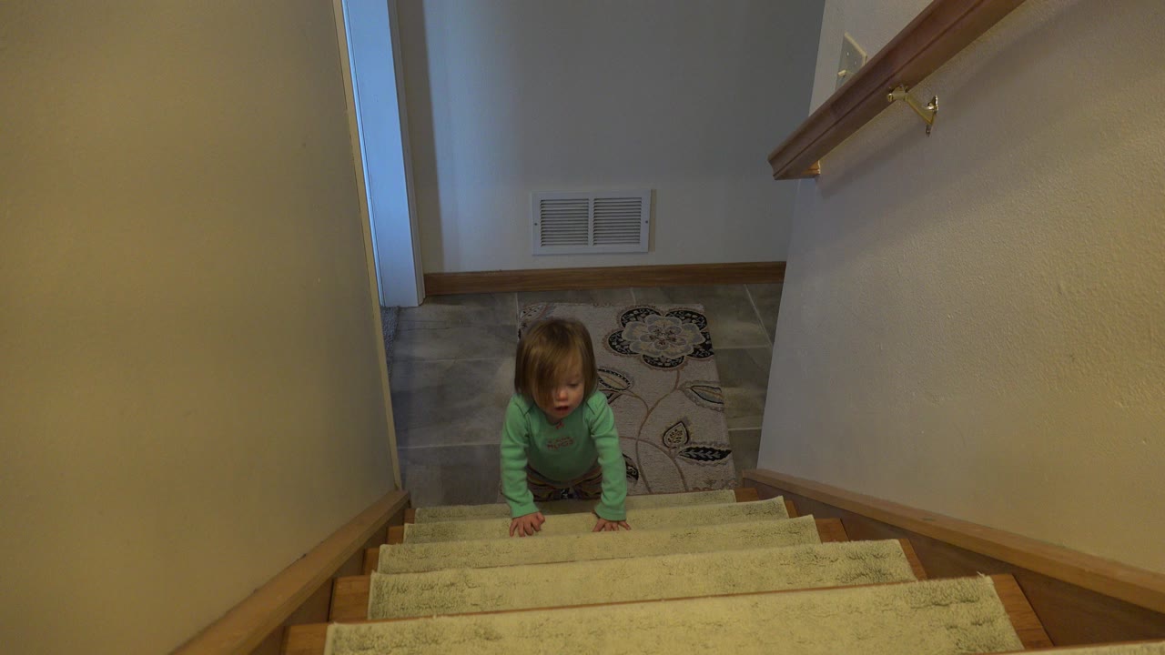 Toddler beginning to crawl up carpeted stairs in a home hallway.