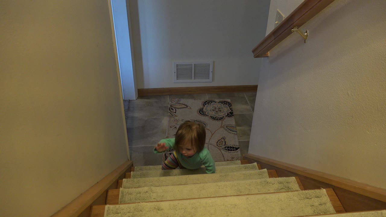 Toddler in a green top near the lower stair steps.
