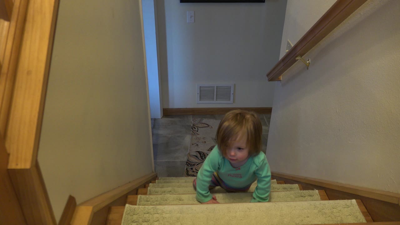 At 0:02 in Westminster, Colorado, the baby has moved slightly closer up the stairway, with one hand on the carpeted step and wood trim visible along both sides.