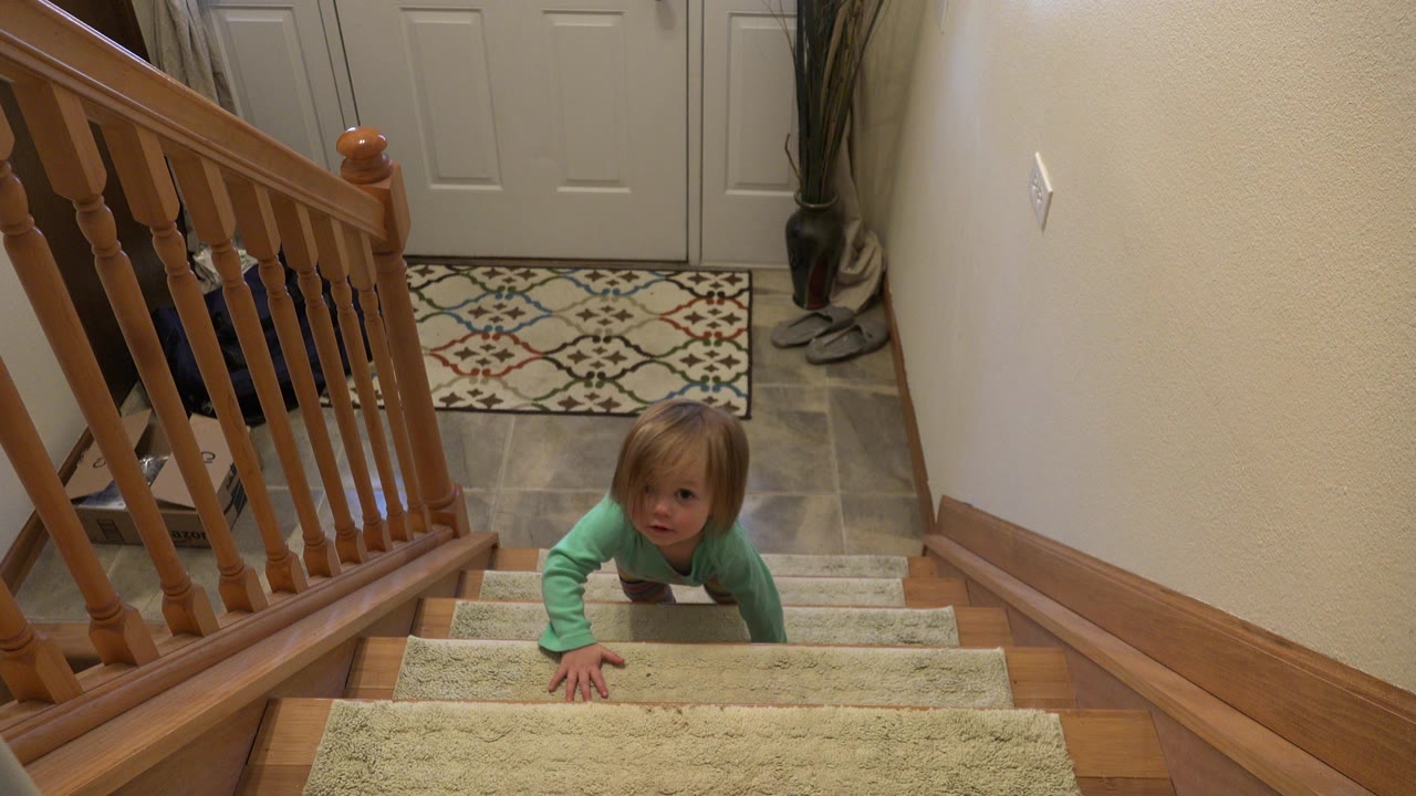 Young child climbing carpeted stairs toward the camera.