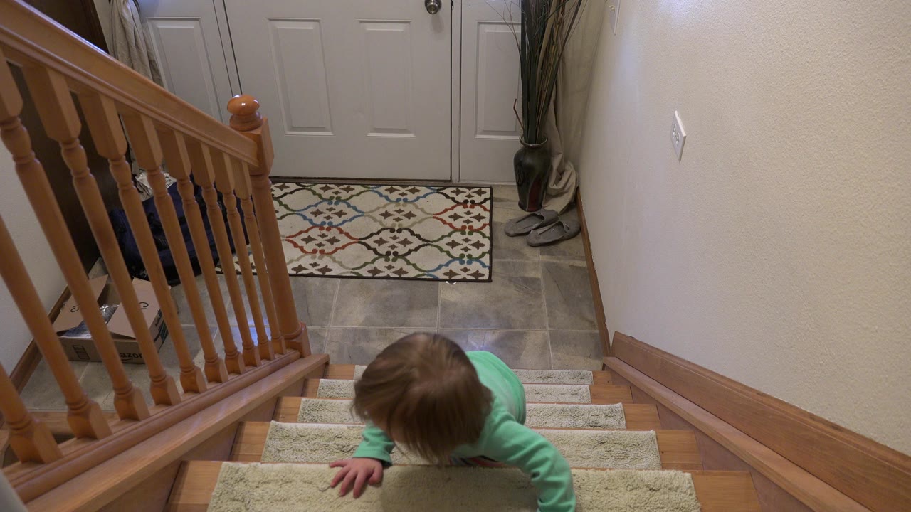 At 0:01 in Westminster, Colorado, the child crawls with head lowered on the carpeted staircase while the wooden railing and entryway remain in view.