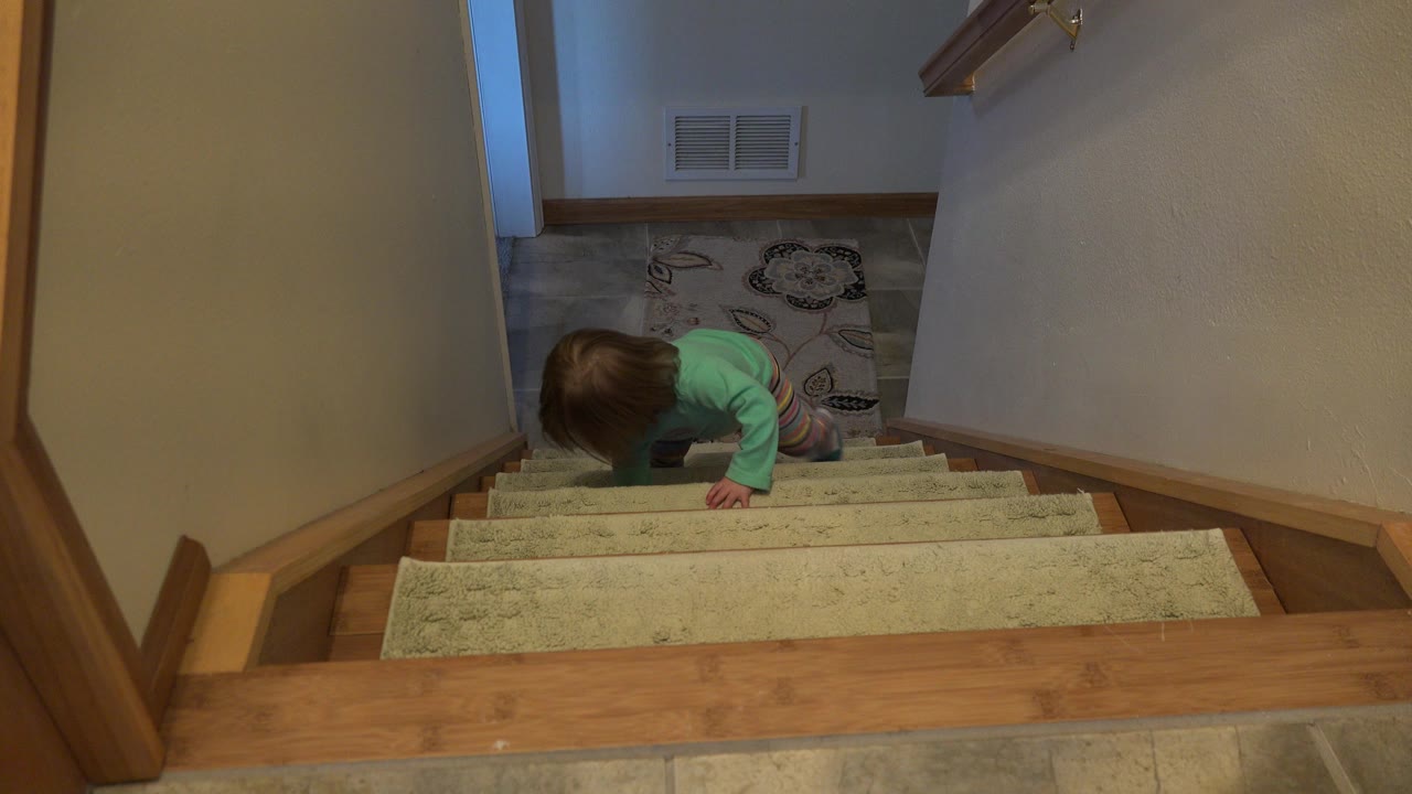 Young girl in green pajamas partway down a carpeted staircase.